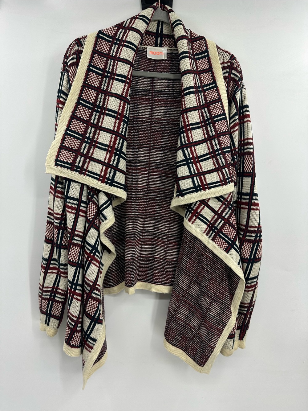 Moon Open-Front Plaid Cardigan Sweater - Cream, Burgundy, & Navy